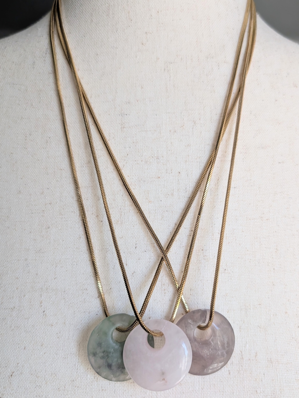 Gold Chain Three-Stone Quartz Pendant Necklaces - Pink, Green, Gray - Picture 6 of 14